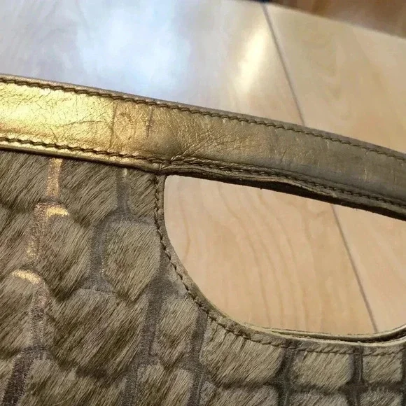 Nordstrom leather handbag/clutch. Animal print w/Gold leather + furry covering. - Picture 9 of 11